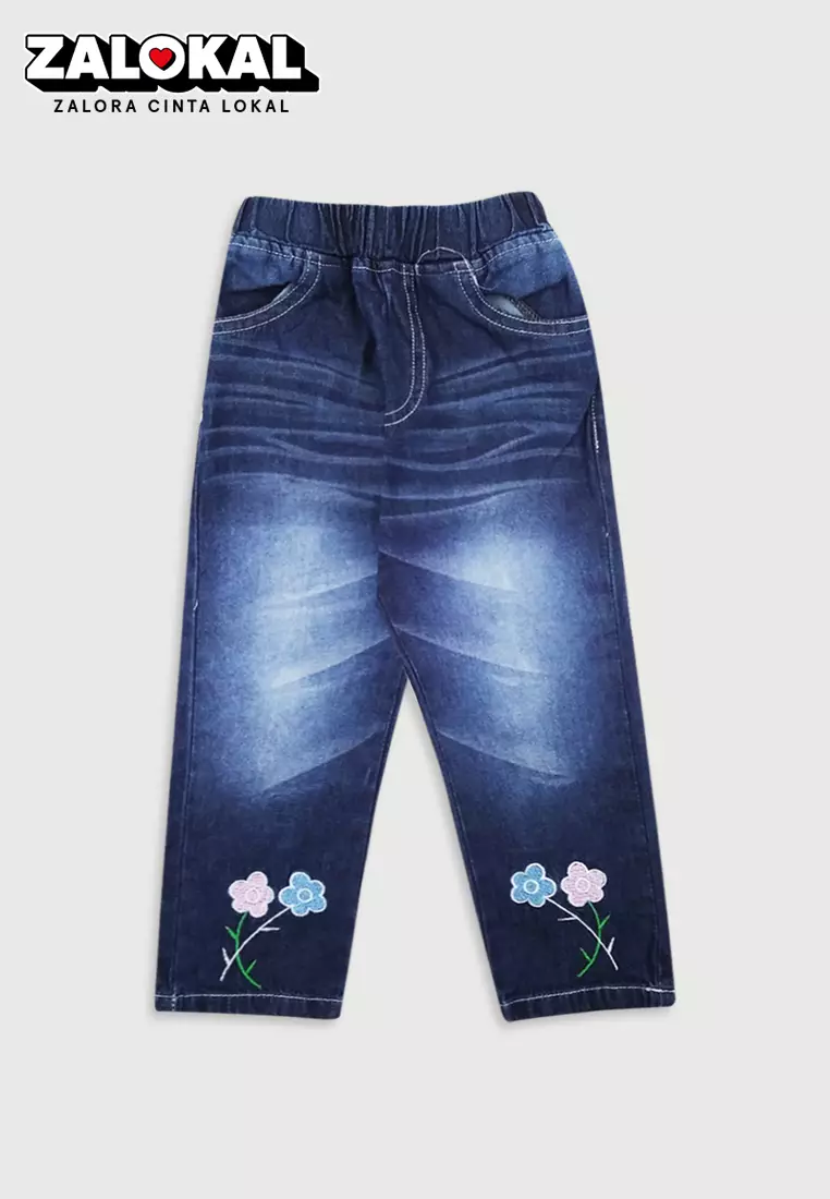 Wakakids Celana Jeans Panjang Anak Perempuan Motif Dua Bunga Usia 6 Bulan Hingga 5 Tahun 016 Vench