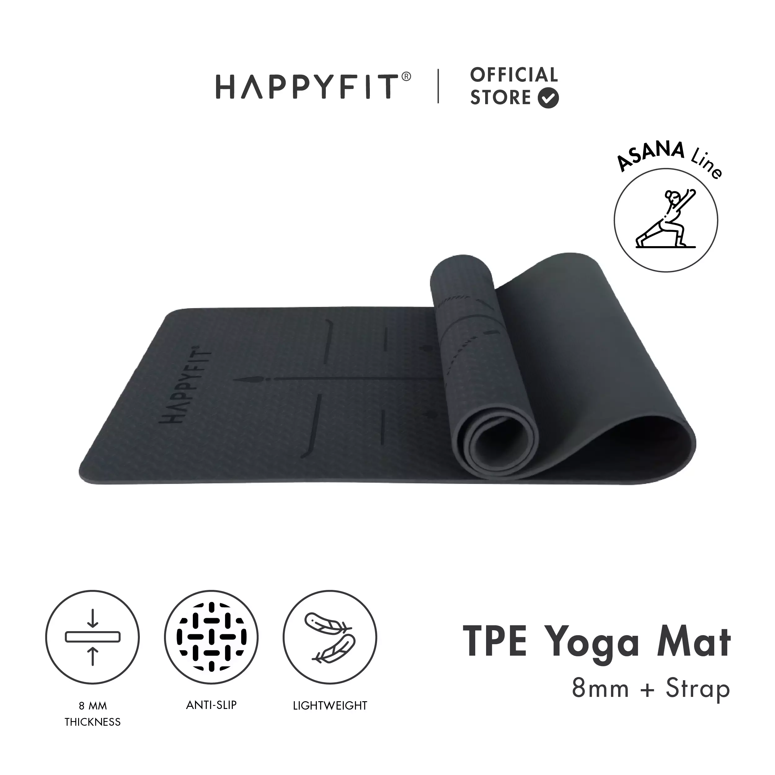 HAPPYFIT Yoga Mat Asana TPE 8mm Free Strap Black