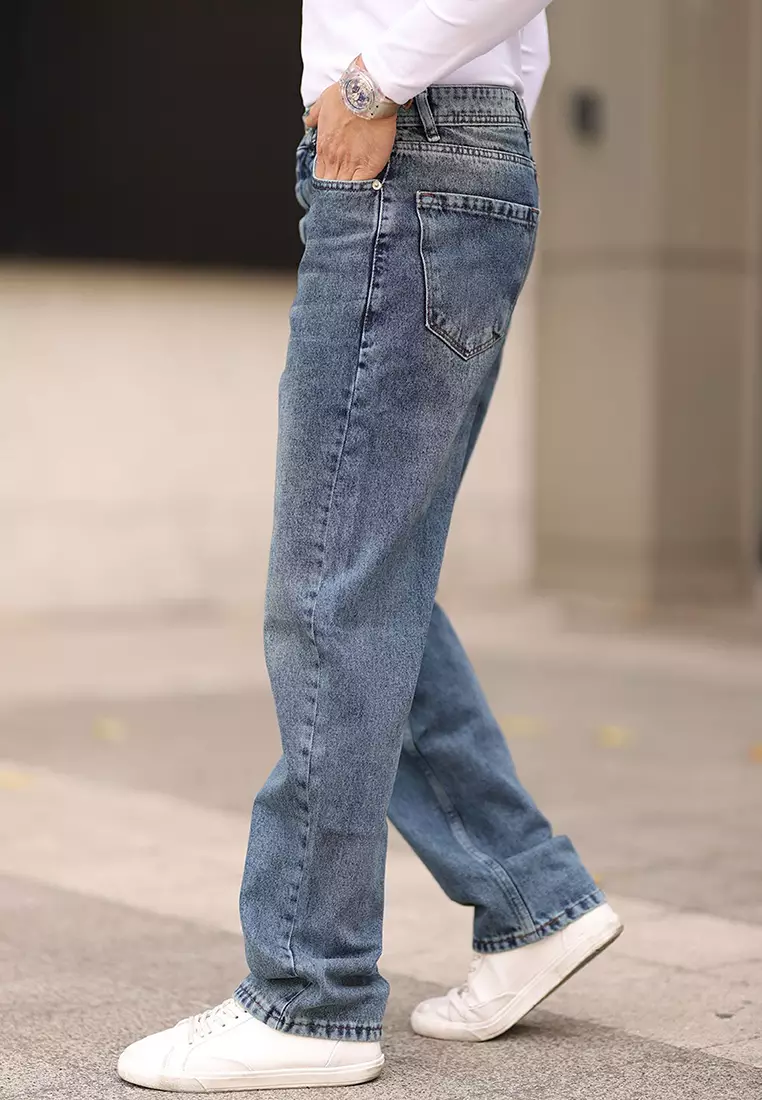 Medium Blue 100% Cotton Baggy Fit Jeans Trousers TMNAW24JE00027