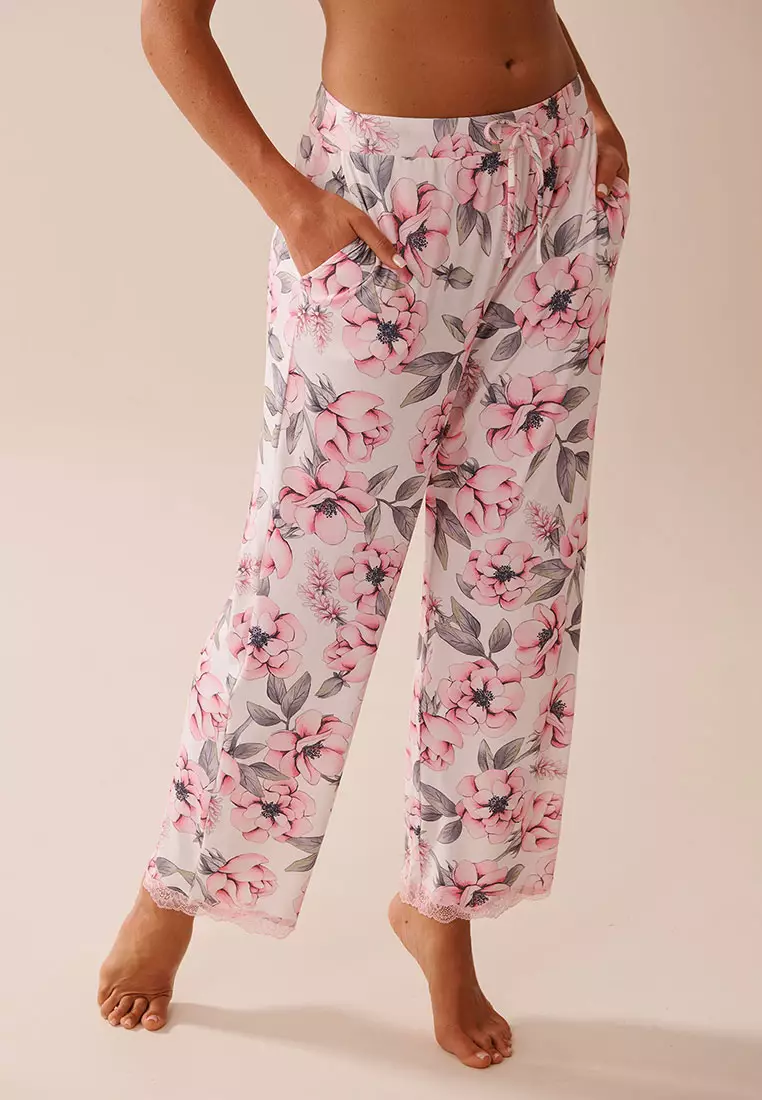 Camellia Print Lace Trim Super Soft Pajama Pants