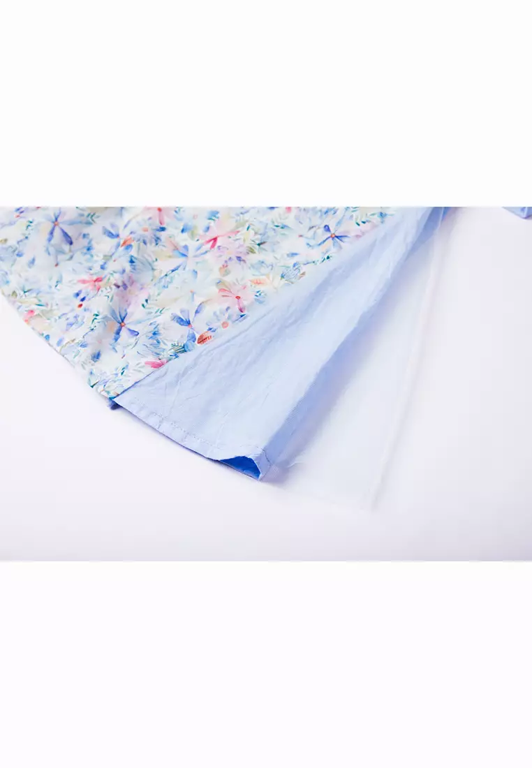 女童藍色粉色碎花雙蝴蝶結短漢服唐裝紗裙公主裙新年拜年衣服