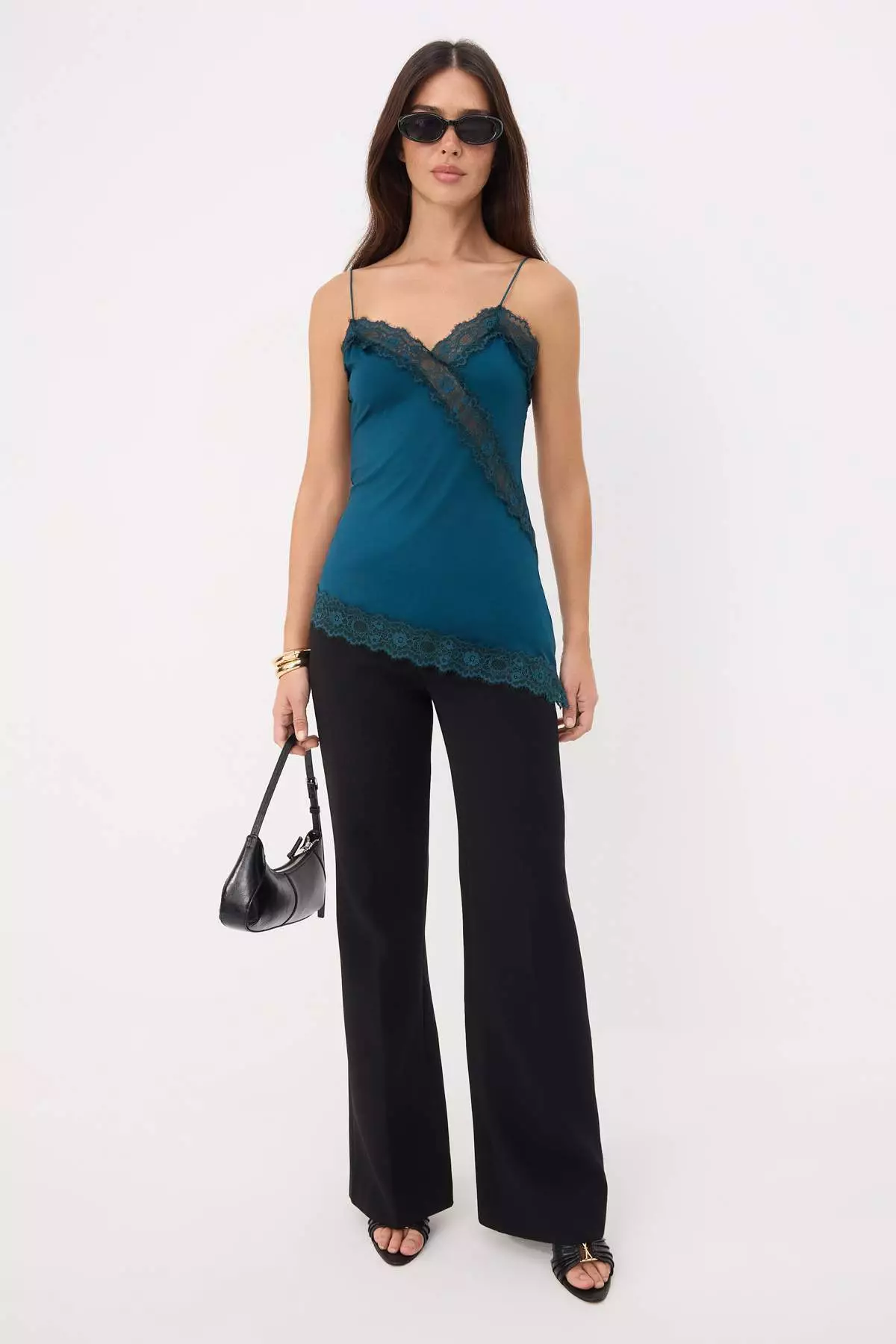 Petrol Regular/Normal Molded V-Neck Sleeveless Lace Detailed Crepe Knitted Blouse Twoss26Bz00825