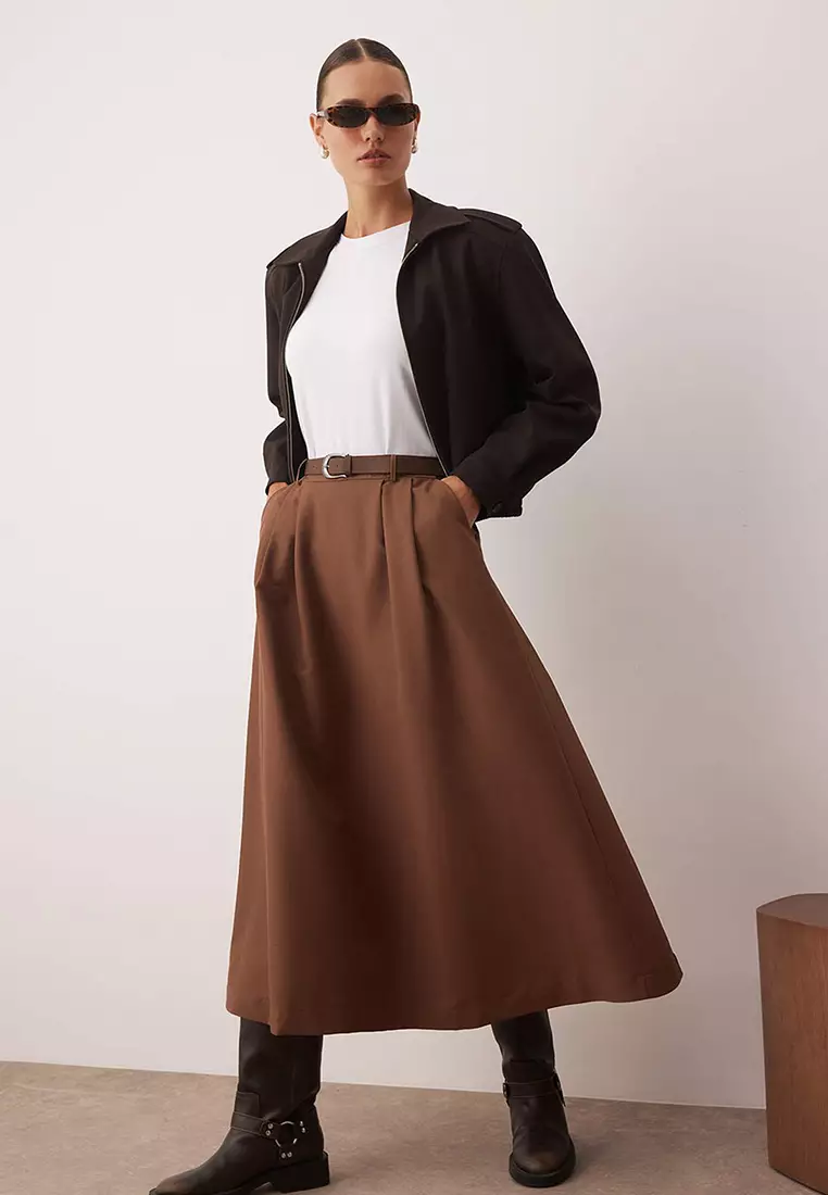 Mink Unlined Woven Skirt With Belt Detail At Waist
