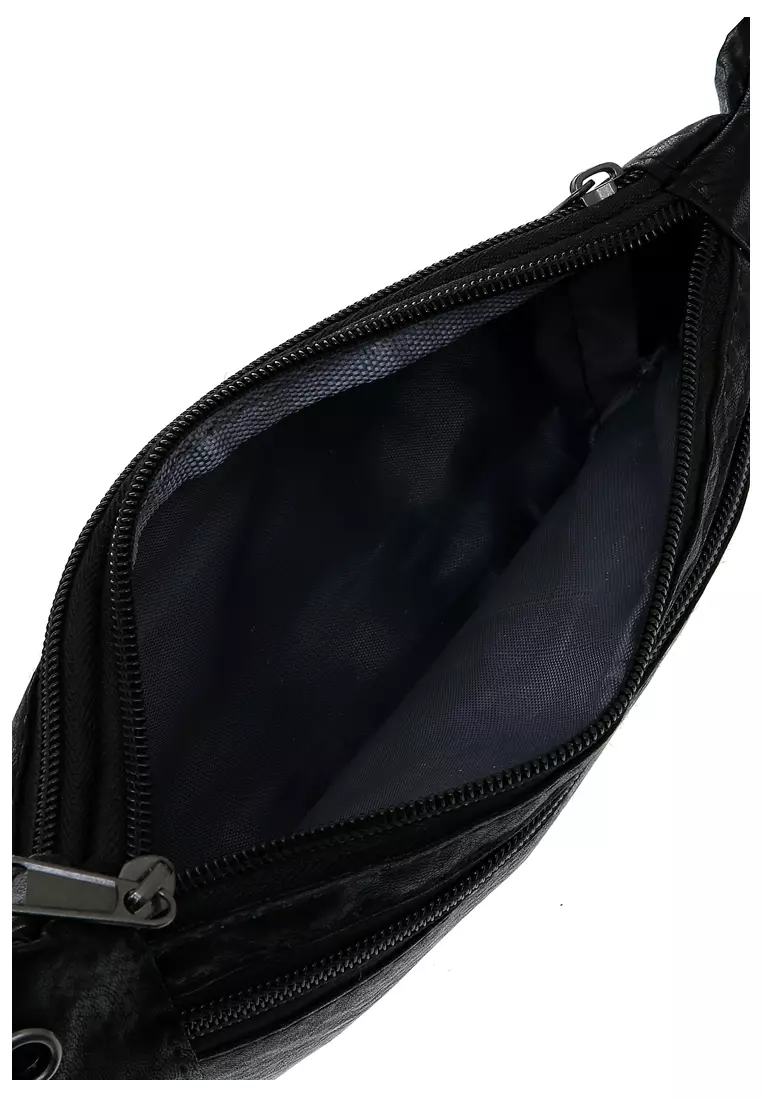 Atera Tas Pinggang Selempang Fashion Pria Waistbag Large Compartment Material Leather Kulit ORIGINAL - Black