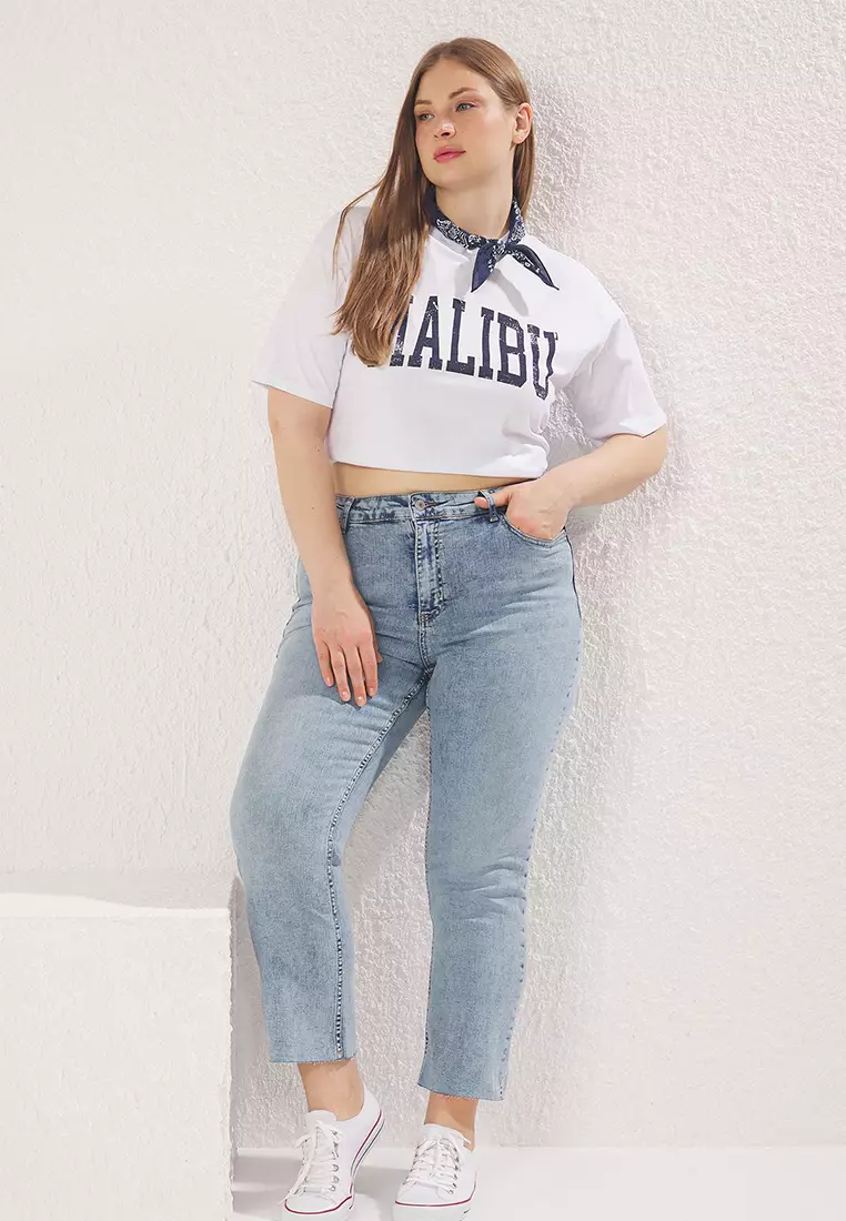 Light Blue High Waist Straight Fit Large Size Jeans Tbbss25Cj00034