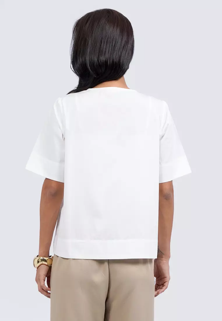 Tied Front Short Sleeve Blouse OFF WHITE