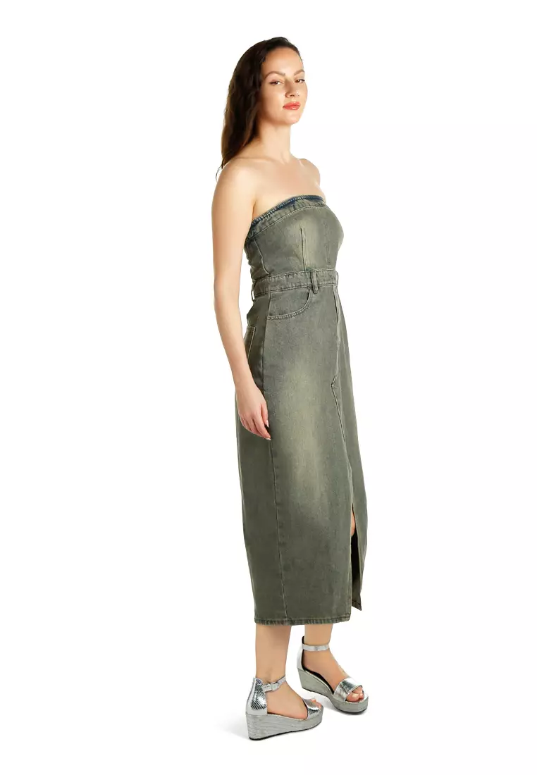 Vintage Wash Strapless Midi Dress