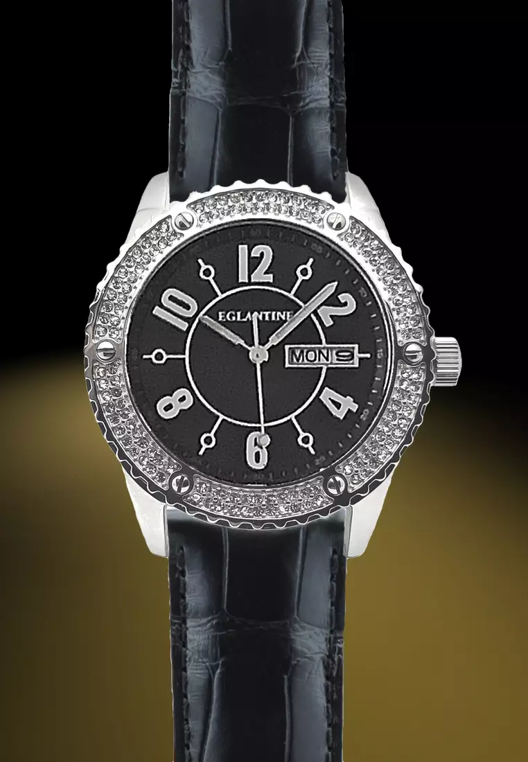 Vanessa Ladies Steel Quartz Watch Paved with Crystals, Leather Strap