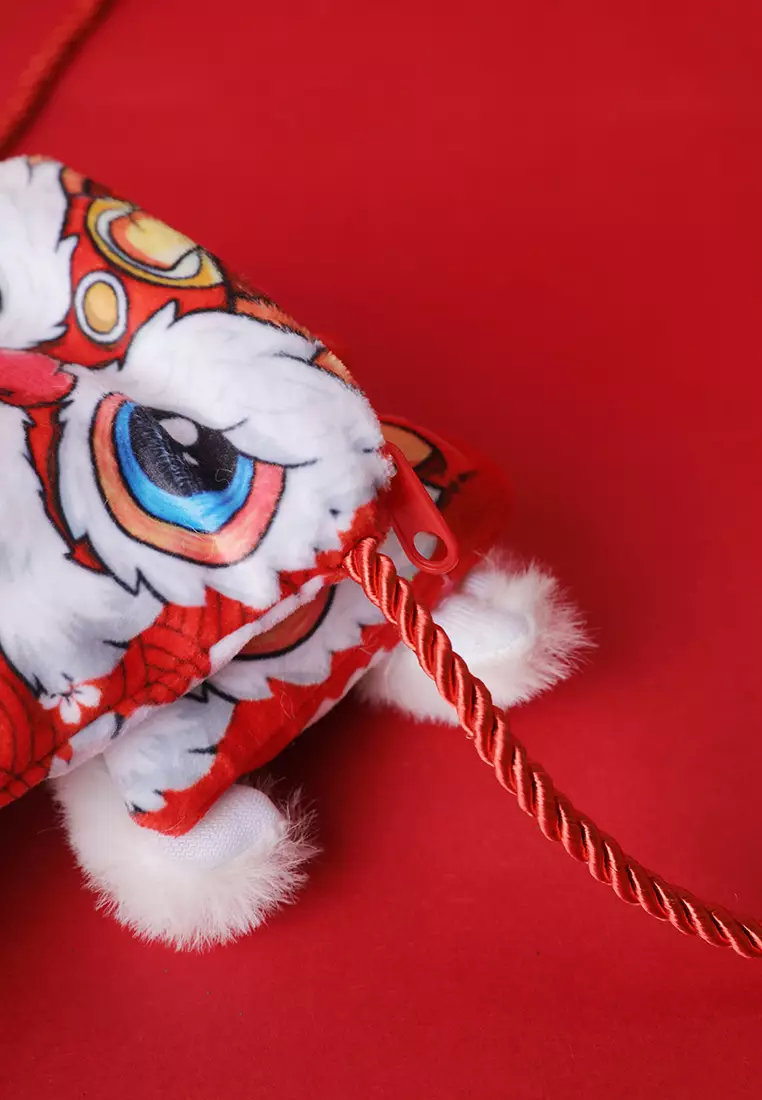 兒童新年舞狮头招财猫絨面紅包袋斜跨包