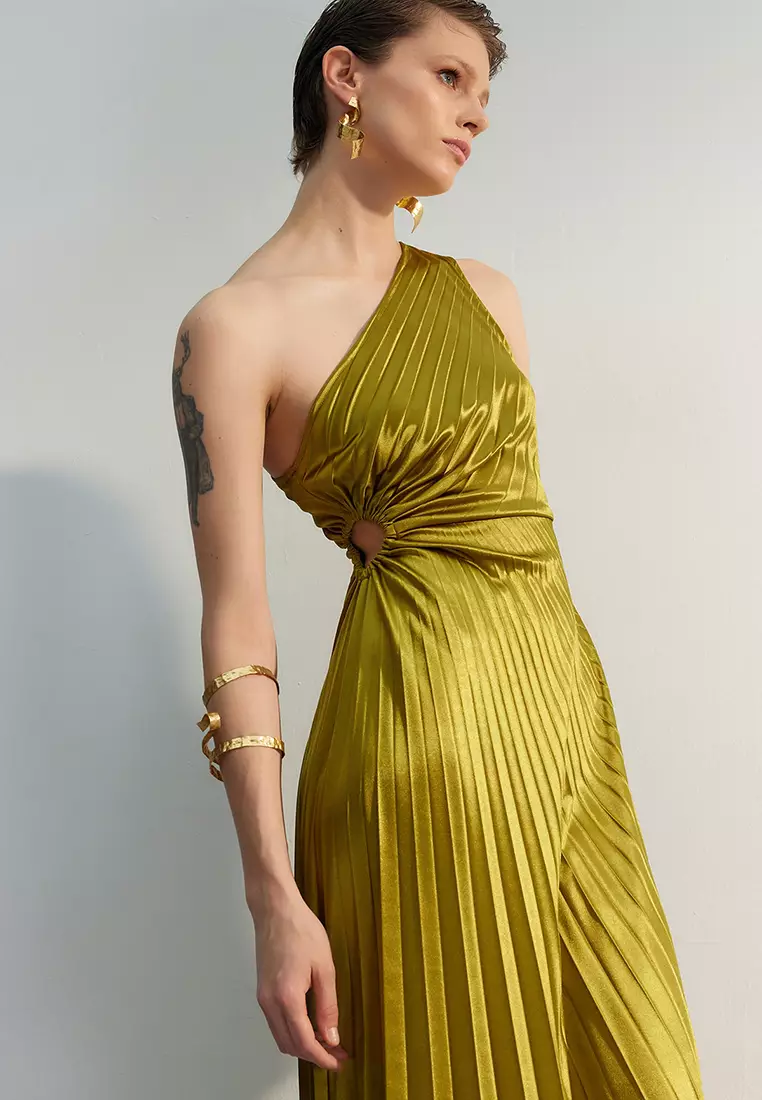 Asymmetric Pleated Detailed Satin Elegant Evening Dress