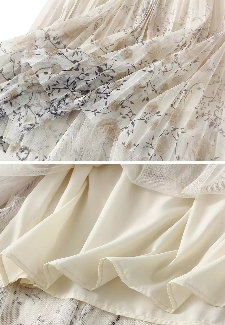 Floral Mesh Pleated Skirt AF-J898