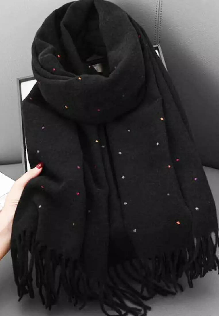 Aksesoris Wanita Polka Dots Cashmere Pashmina Syal Wanita Tebal Kasmir Black