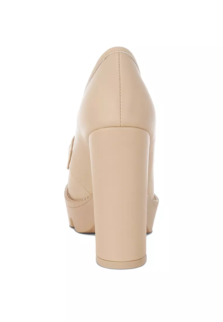Chunky Chain Link Heeled Loafers in Beige
