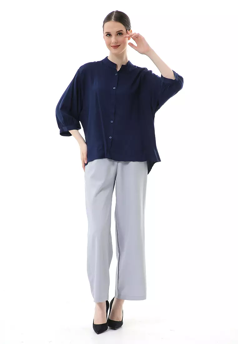 Ghita Kemeja Atasan Wanita Motif Polos Long Sleeve High Quality - Navy