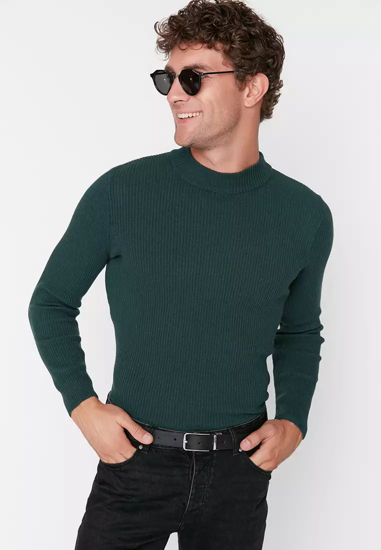 Slim Fit Buttoned Polo Neck Corduroy Knitted Sweater