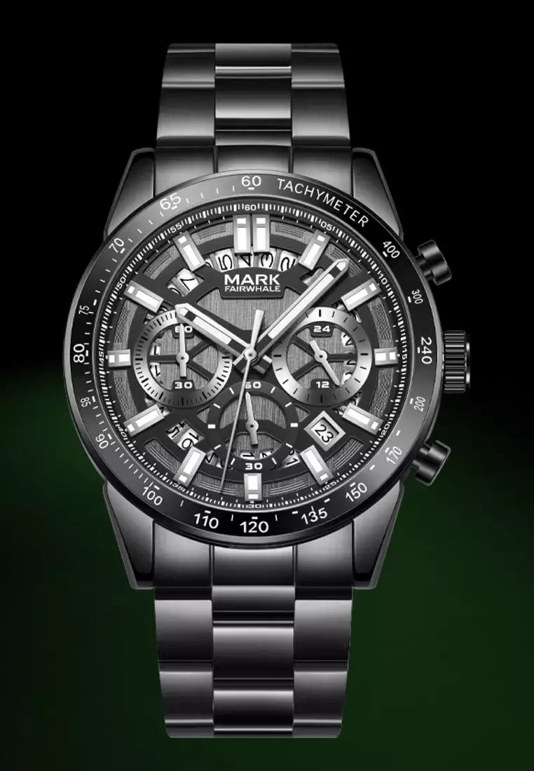 Unisex IP Black Alloy Chronograph Quartz Watch, 43mm, Stainless Steel Bracelet