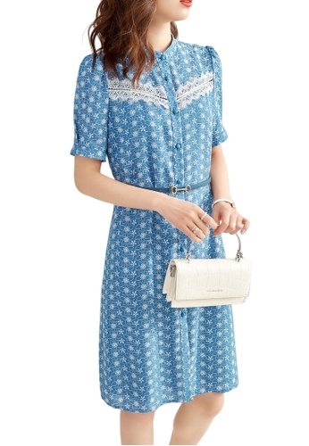 OUNIXUE blue Elegant Ol Stand Collar Floral Dress (With Belt) B6845AA122020AGS_1