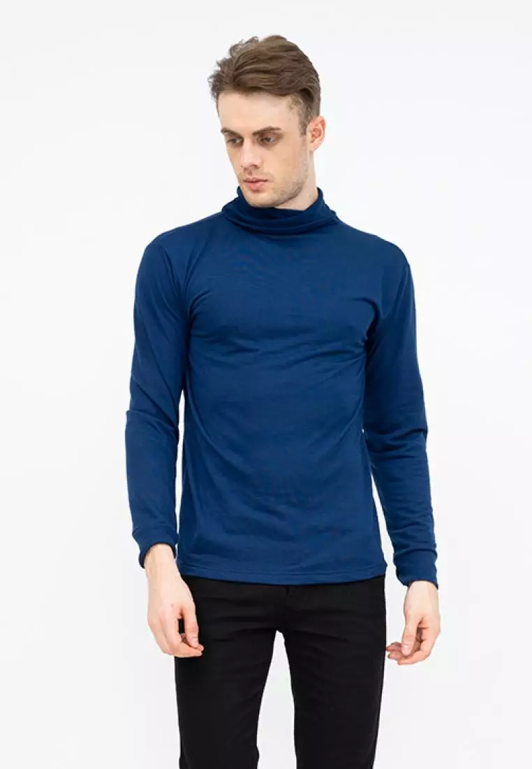 Turtle Neck pria lengan panjang biru navy kaos kerah tinggi slim fit houseofcuff
