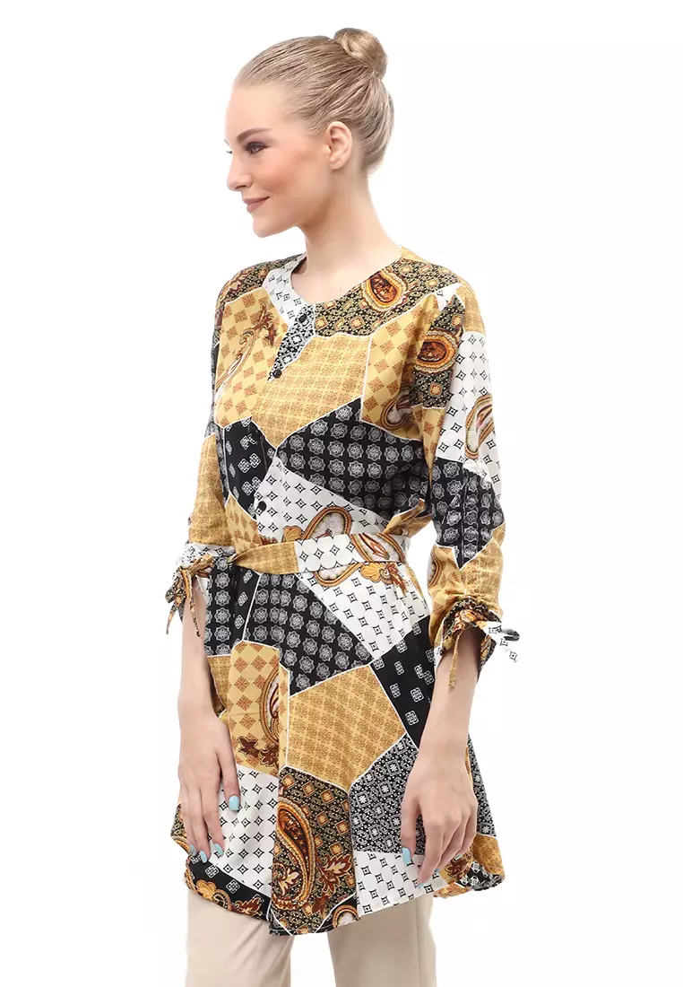 Tunik Lengan Serut Motif Batik Atasan Wanita Self Tie Belt Design Casual - Hitam