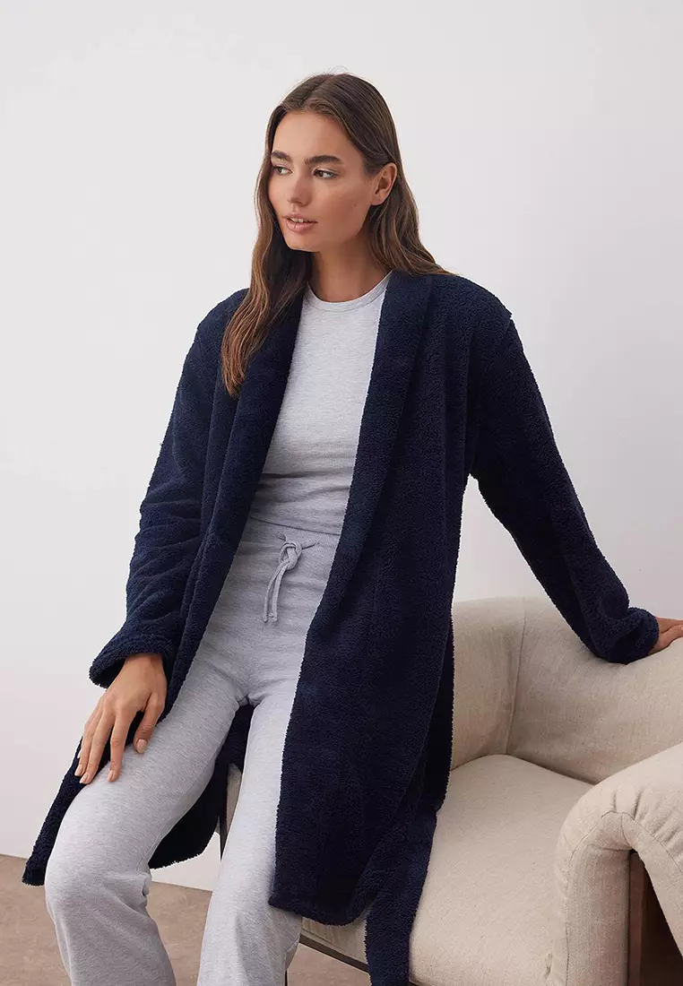 Navy Blue Belted Wellsoft Winter Knitted Dressing Gown Thmaw23Sb00000
