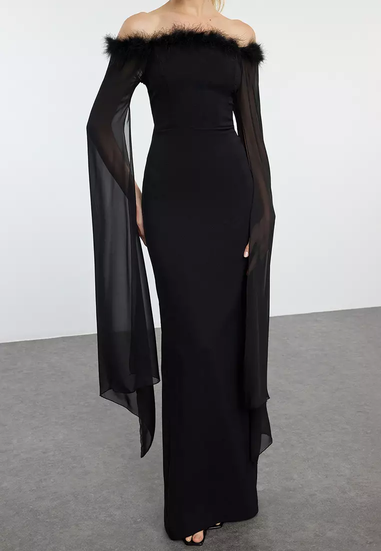 Black Sleeve Detailed Otrish Long Elegant Evening Night Graduation Dress TPRAW25AE00003