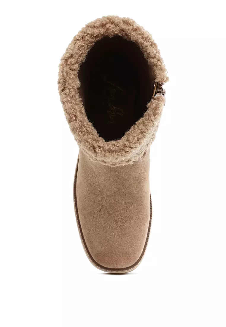 Faux Fur & Embroidery Detail Boots in Beige