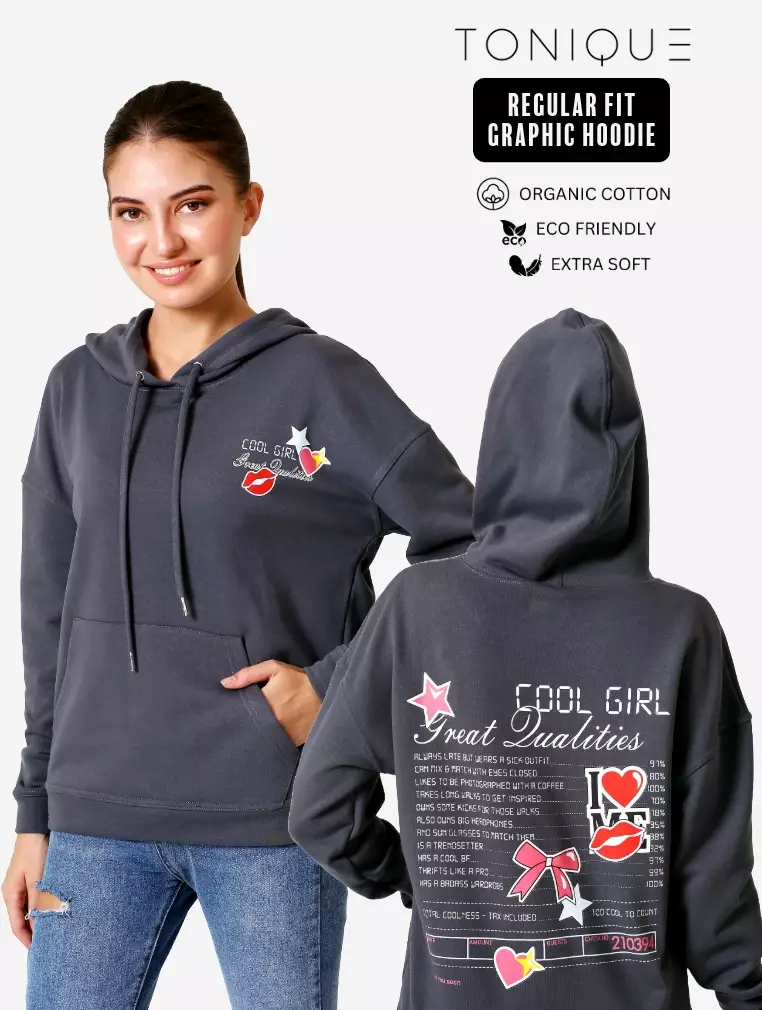 TONIQUE Wanita Katun Hoodie Regular Fit Graphic Hoodie Abu-abu KELLY women's regular fit cotton hoodie