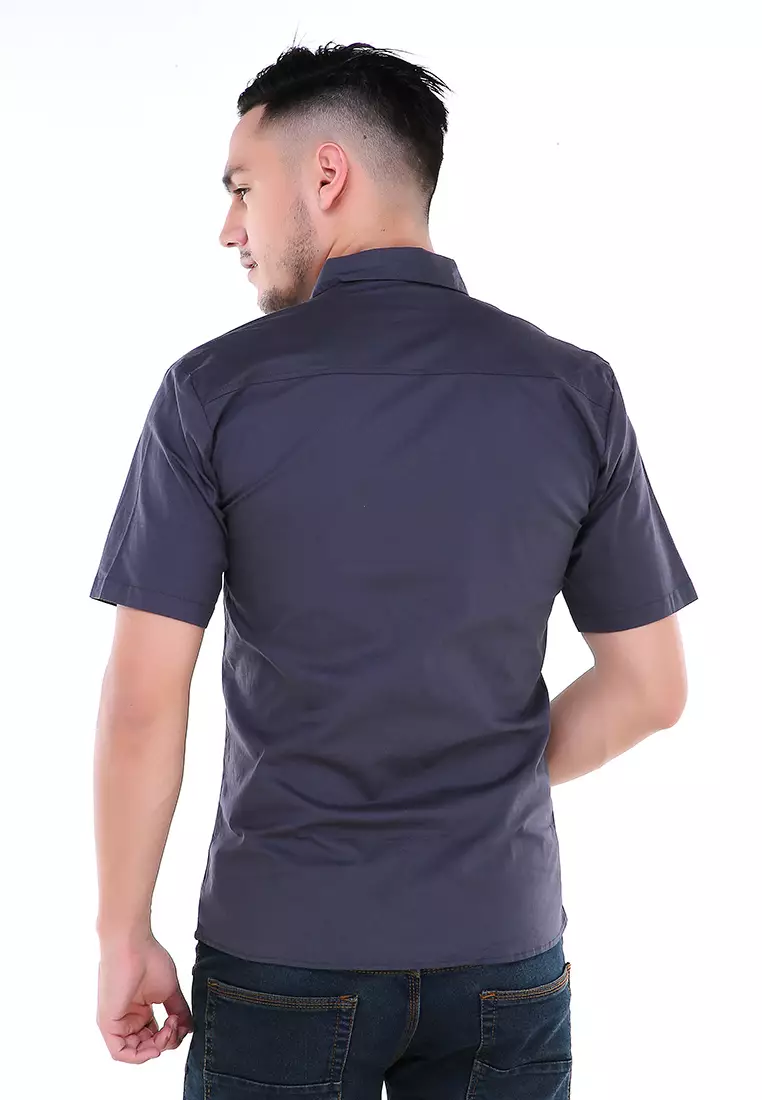 Dwan Atasan Kemeja Pria Three Lines Slim Fit Casual Shortsleeve Shirt Material Cotton ORIGINAL - Gray