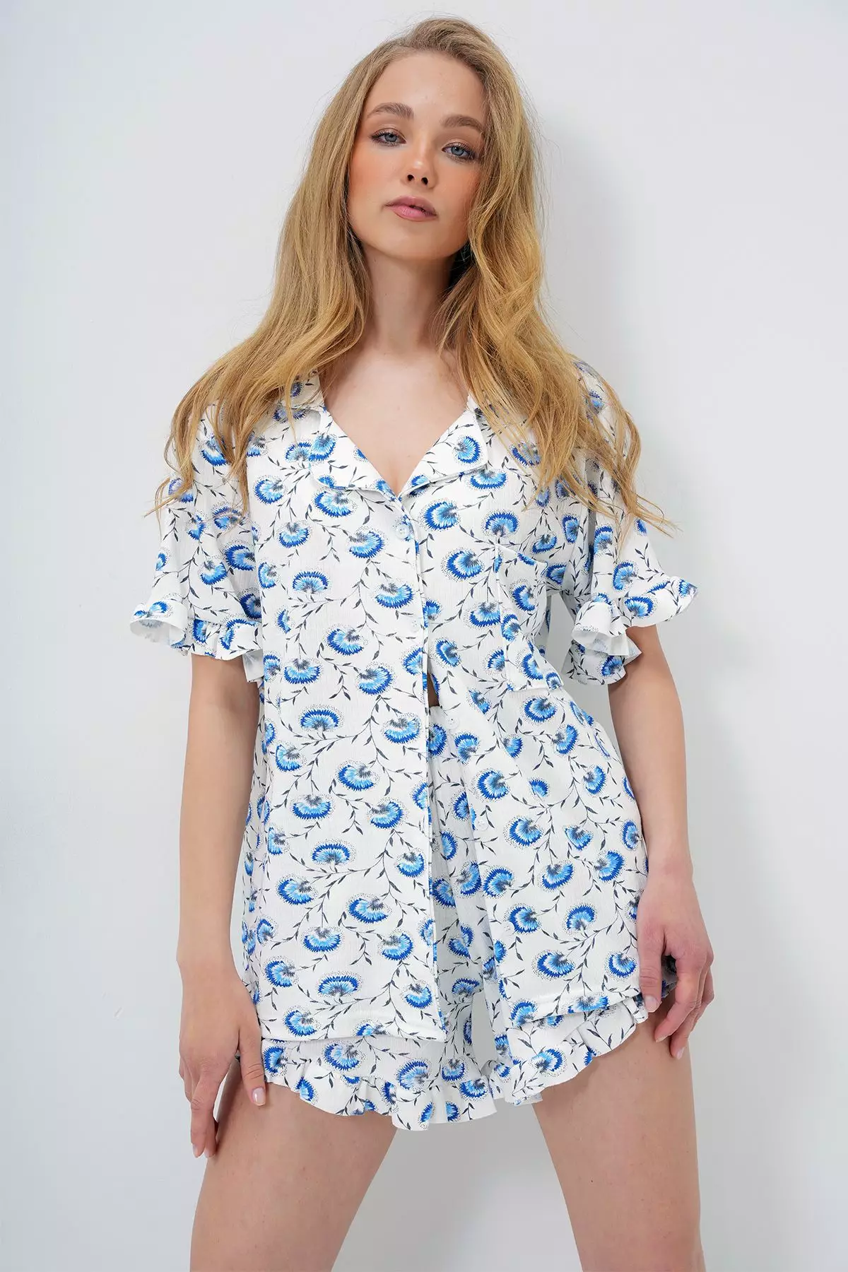 Lily Blue Single Pocket Sleeves And Legs Ruffled Cotton Shirt And Shorts Pajama Set Pjm-X13896