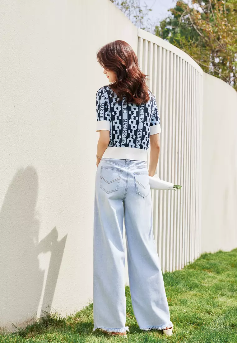 High Waist Wide Leg Denim Jeans with Ripped Hem