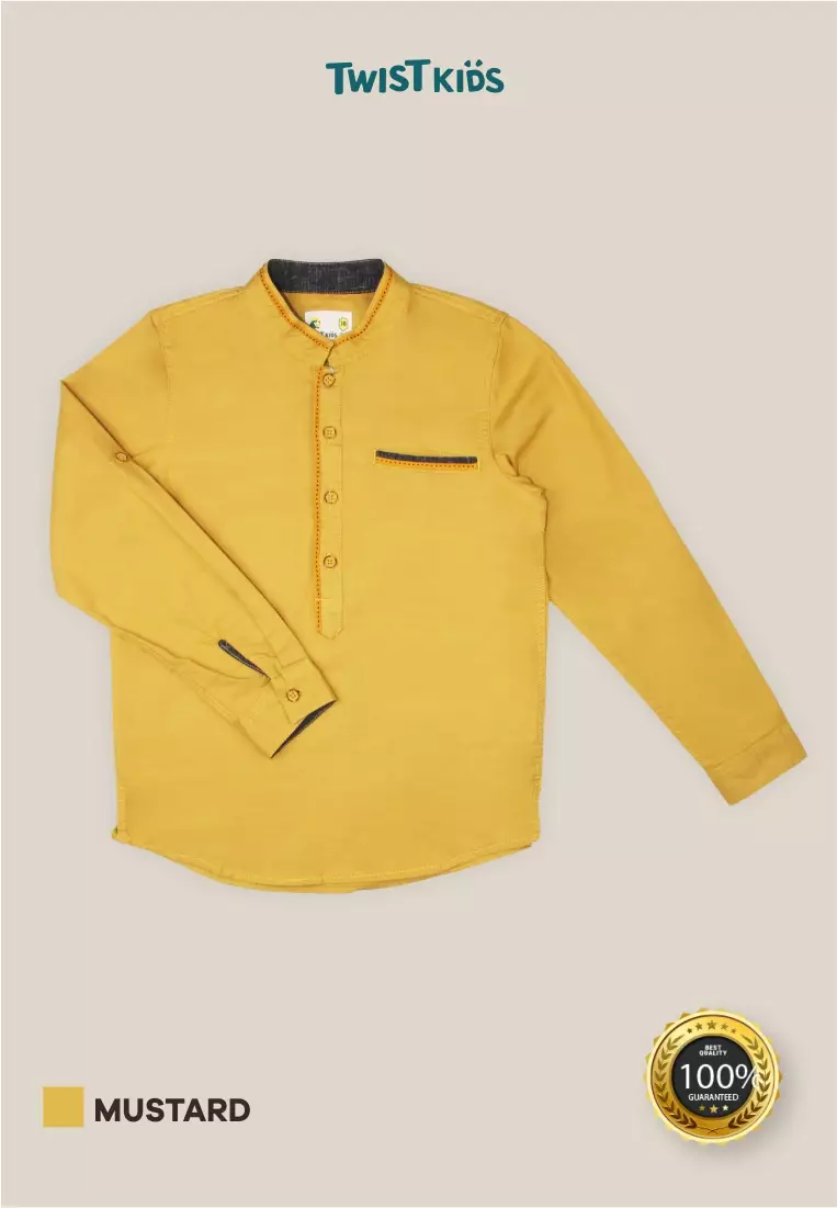 Twist Kids [Official Store] - Raffasha C, Baju Lebaran Anak Laki-Laki 2025, Kemeja Koko Lengan Panjang Anak Laki-Laki (usia 4-14 tahun) Warna Mustard