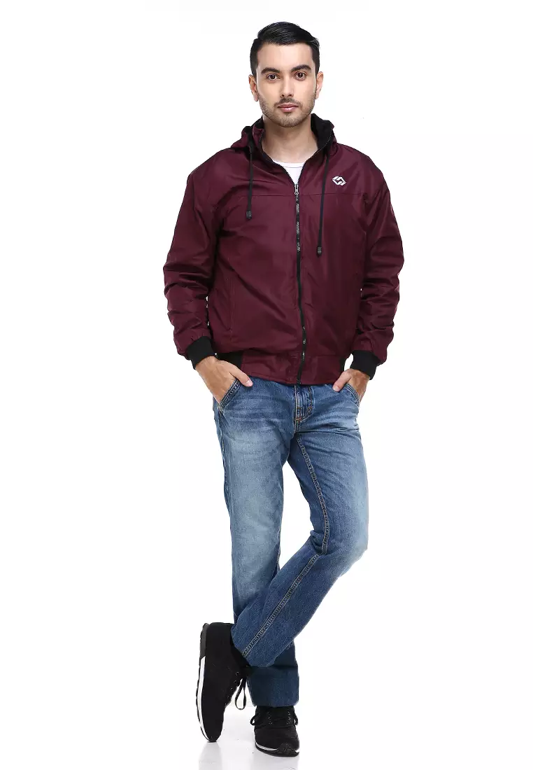 Clover Jaket Parasut Hoodie Pria 2 IN 1 Casual Jacket Two Tone Material Despo Parka Fleece ORIGINAL - Maroon black