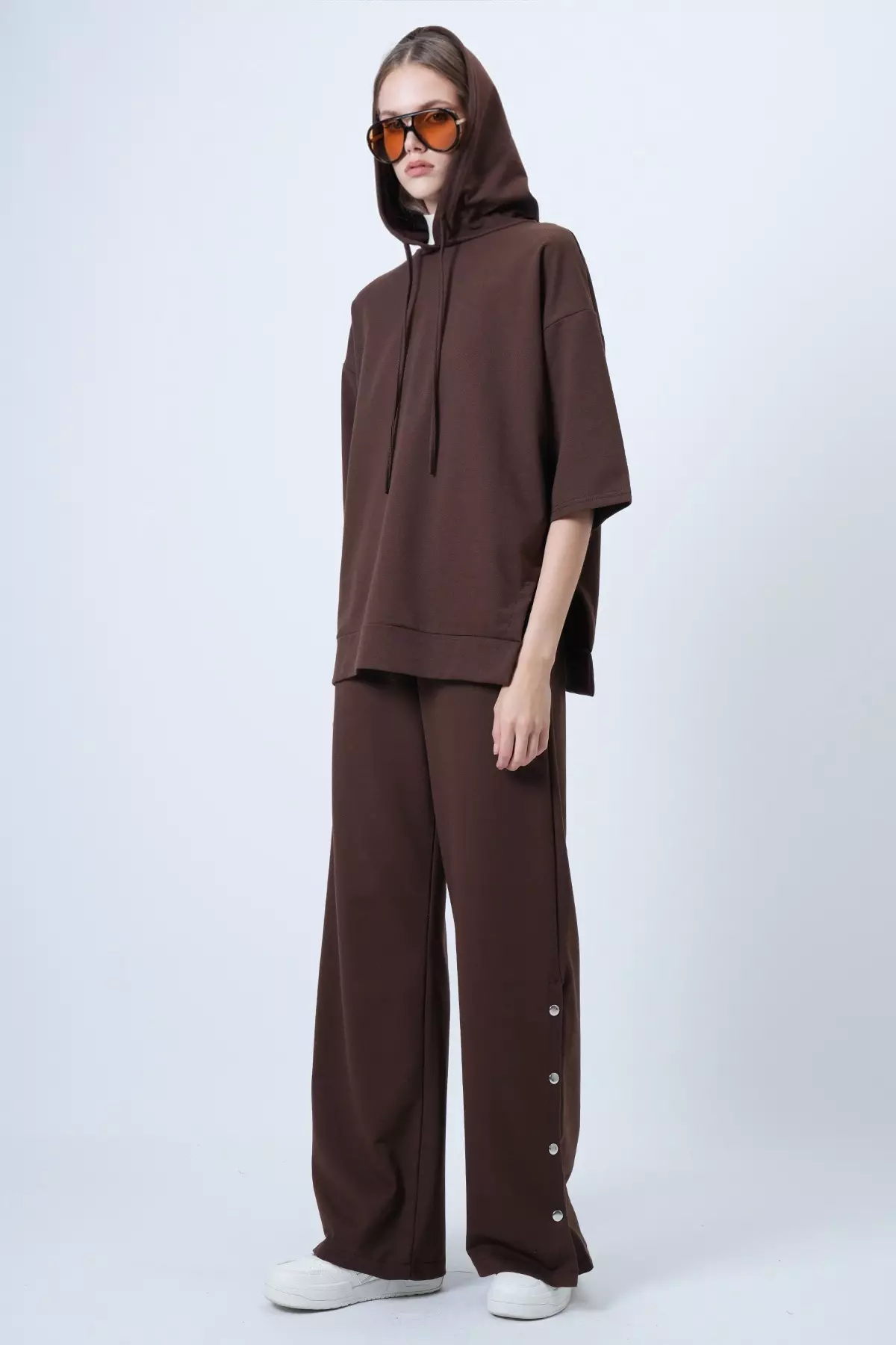 Women'S Brown Hooded Sweatshirt With Side Slits And Wide Leg Pants Set Alc-X14607