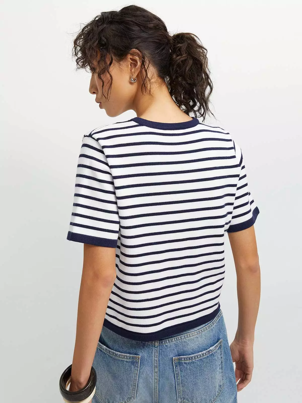 Buttoned Striped Top - Navy/White