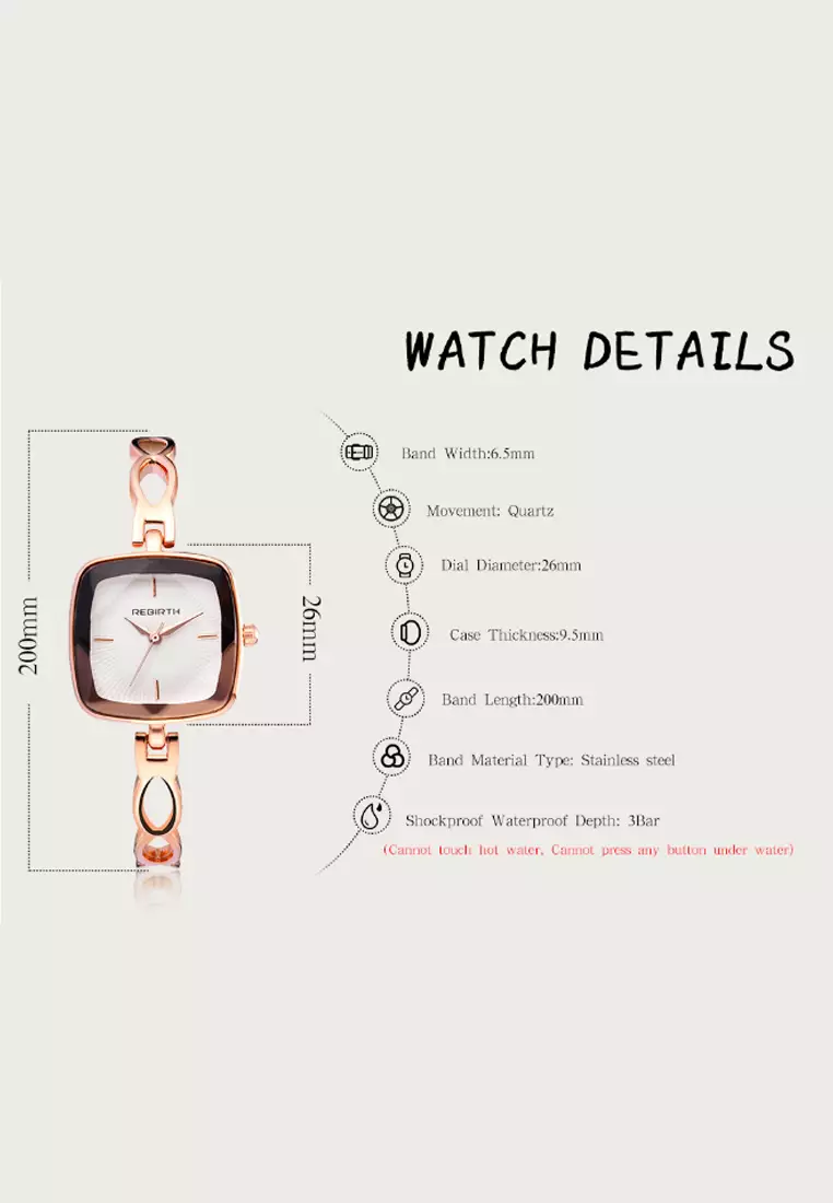 REBIRTH jam tangan wanita tali stainless steel square tahan air kuarsa
