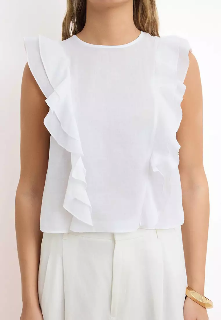 White Ruffle Detailed Crop Length Semi-Transparent Woven Blouse Twoss26Bz43