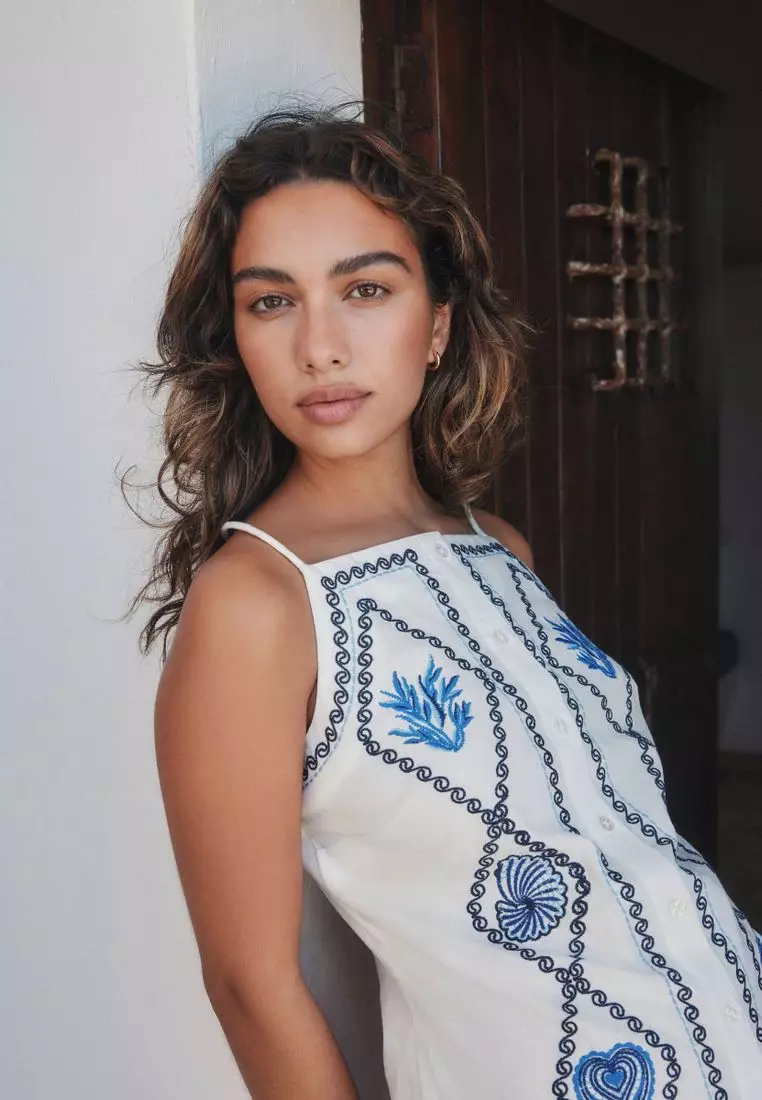 Embroidered Mini Shift Dress With Linen