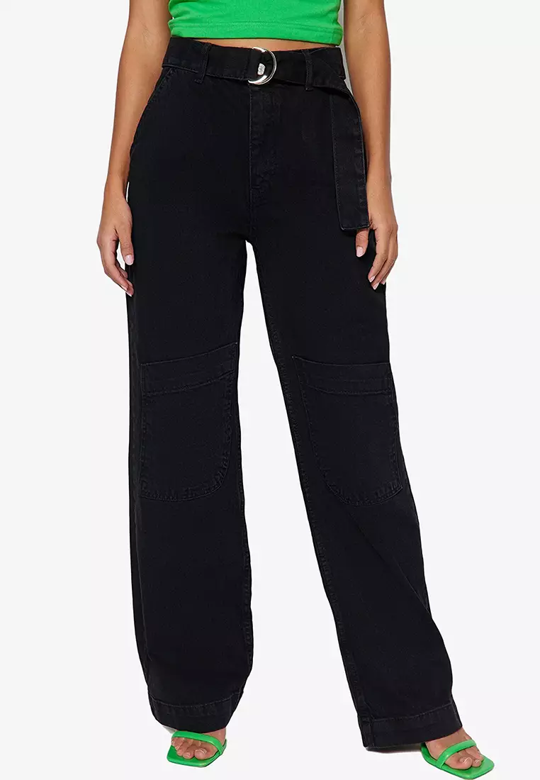 Buy Trendyol Pocket Detail Belted High Waist Wide Leg Jeans 2024 Online ...