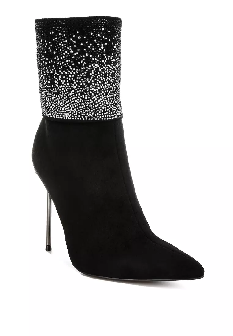 Rhinestones Embellished Foldover Boots in Black