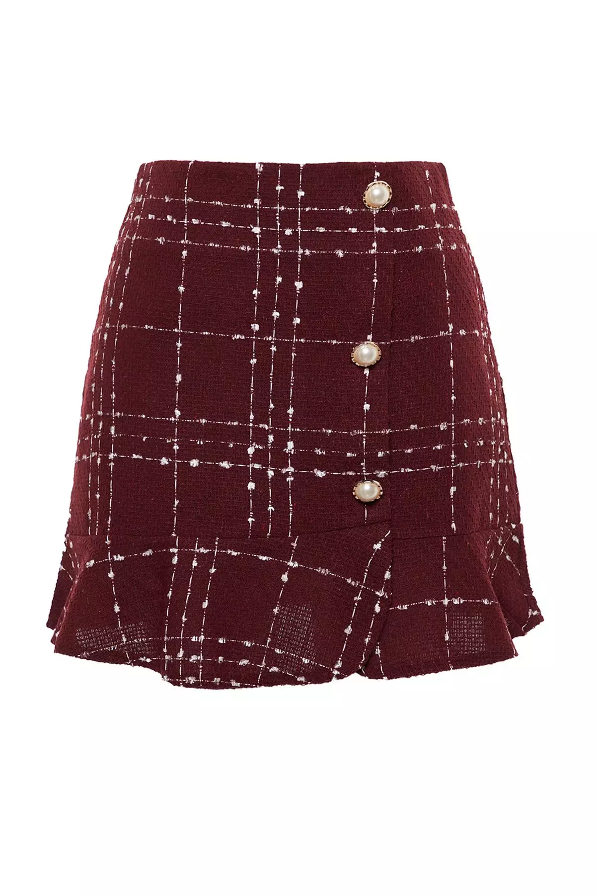 Claret Red With Buttons And Tweed Fabric Hem With Ruffles, Mini Woven Skirt Twoaw22Et0155