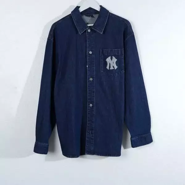 Kemeja MLB NY MONOGRAM WHITE BACK BLUE DENIM LONG SHIRT 100% ORIGINAL