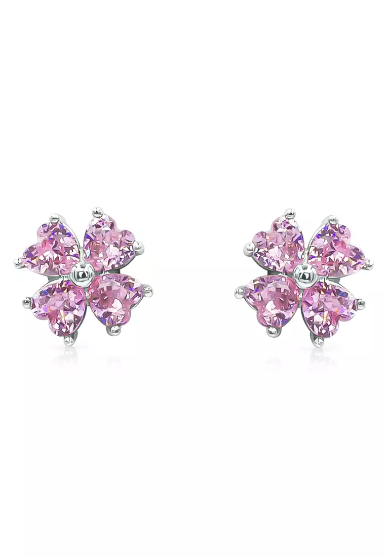 Alette Clover Pink Diamond Simulant Zirconia Pierced Stud Earrings with Pendant Chain Necklace Jewelry Gift Set