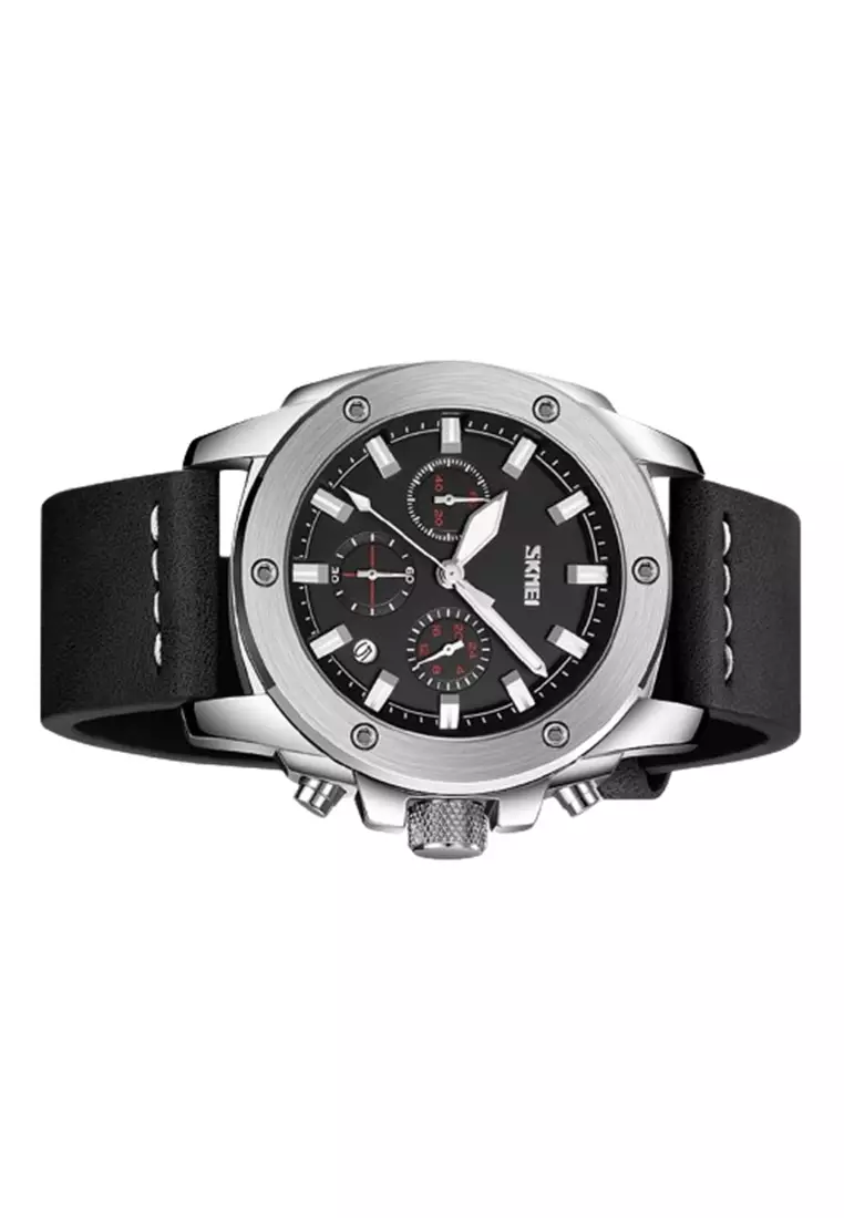 Jam Tangan Pria Analog Date SKMEI 9327 Leather Strap Tahan Air ORIGINAL - Silver