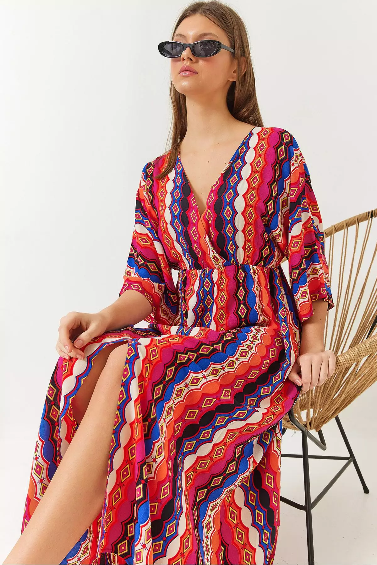 Women's Double Breasted V Neck Front Slit Detail Print Dress 60261411