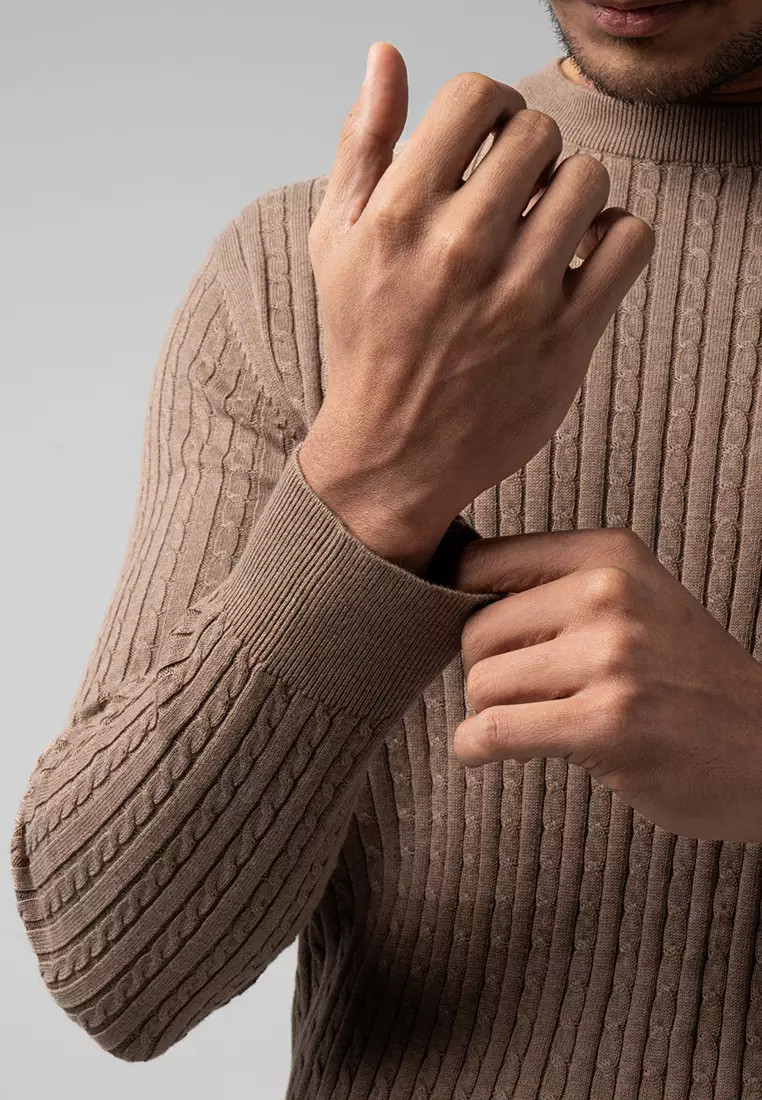 Mens Cable Knit Cotton Sweater Light Brown LS