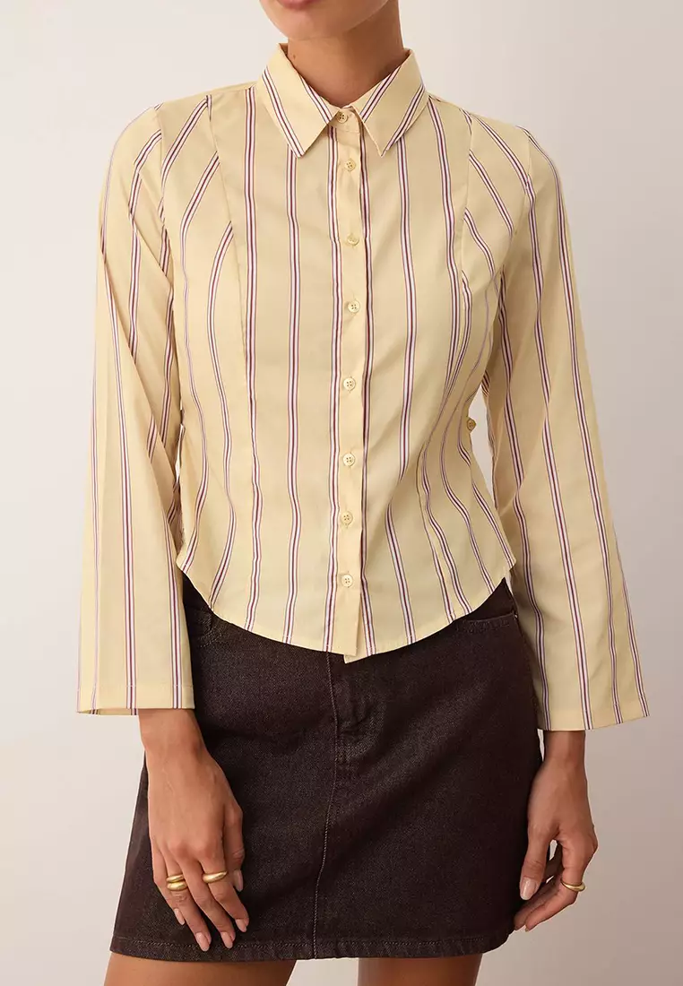 Yellow-Multicolored Waist Gathered Fitted Wide Sleeve Shirt