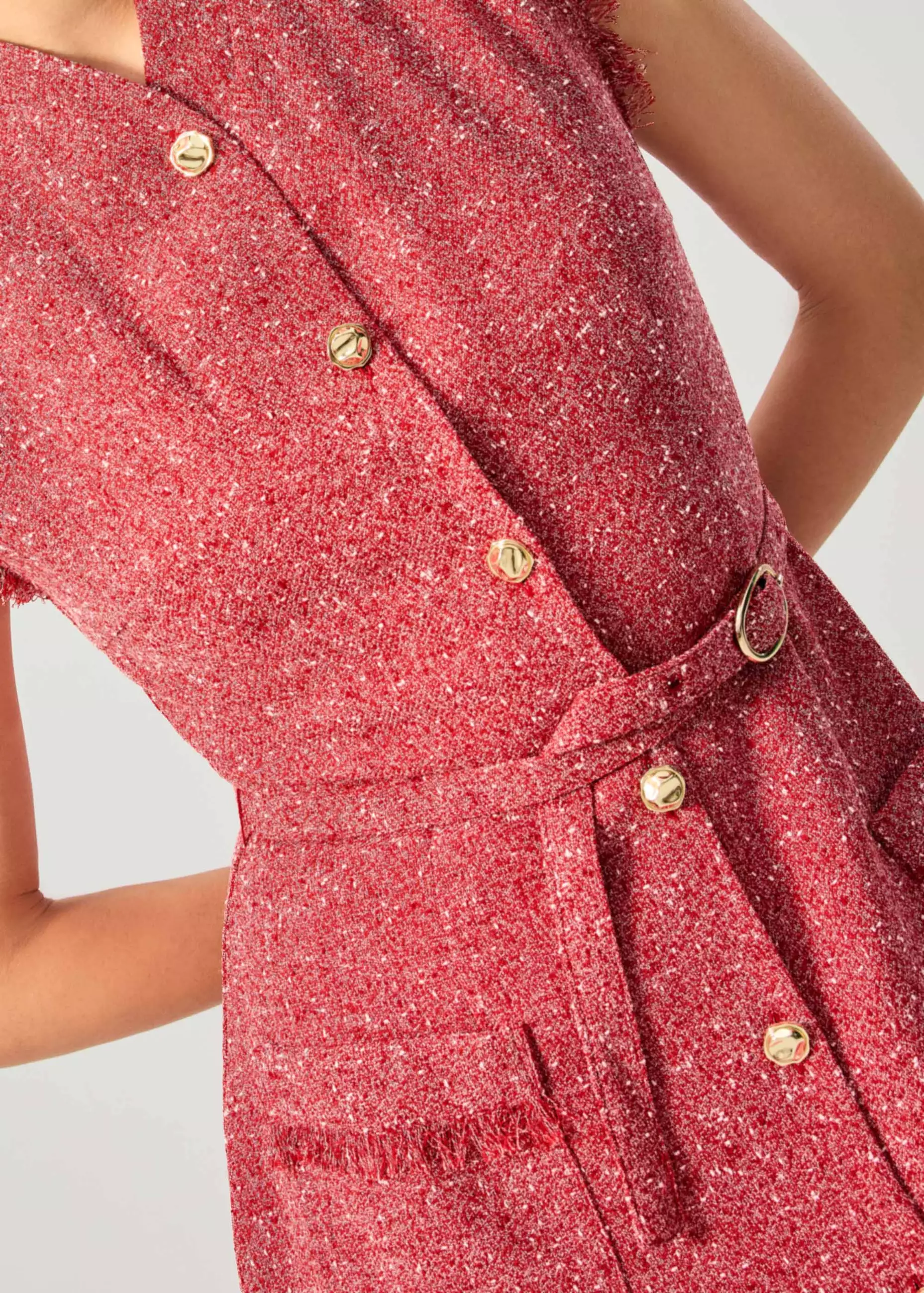 Dress Wanita - Fei Belted Tweed Mandarin Collar Fit & Flare Midaxi Dress