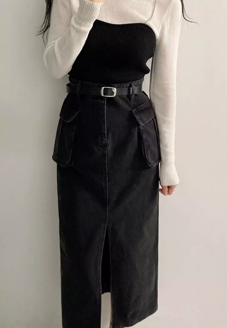 Korean style casual slit denim maxi skirt CA26033034BK