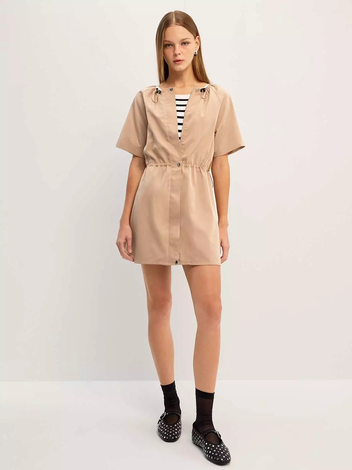 Ruched Drawstring Short Sleeve Mini Dress - Beige