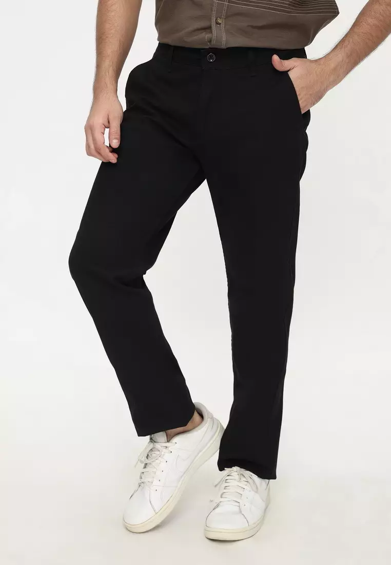 POLICE Celana Chino Panjang Jet Black Cotton Premium Stretch Regular Fit Pria